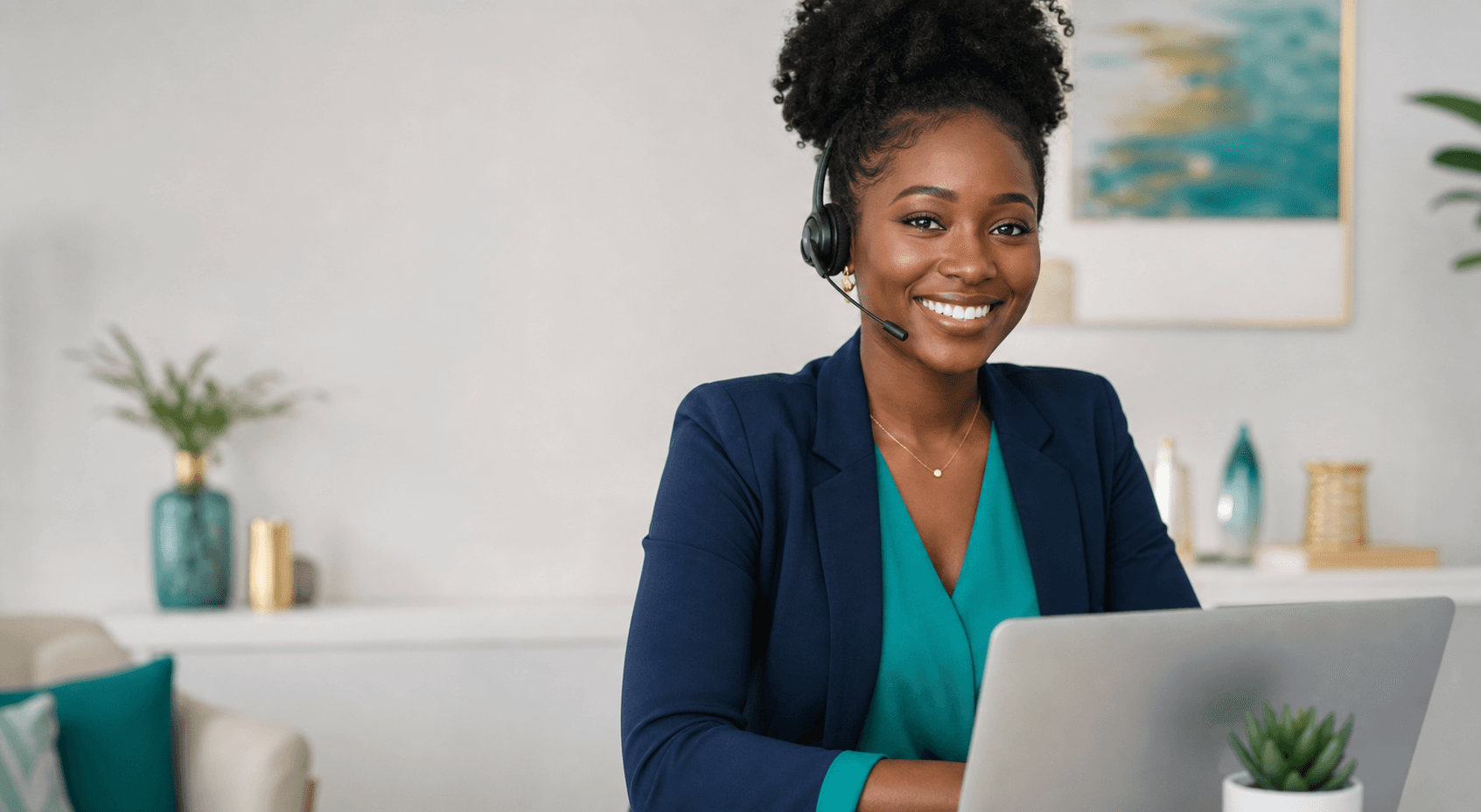 Afia smiling at her customer support desk
