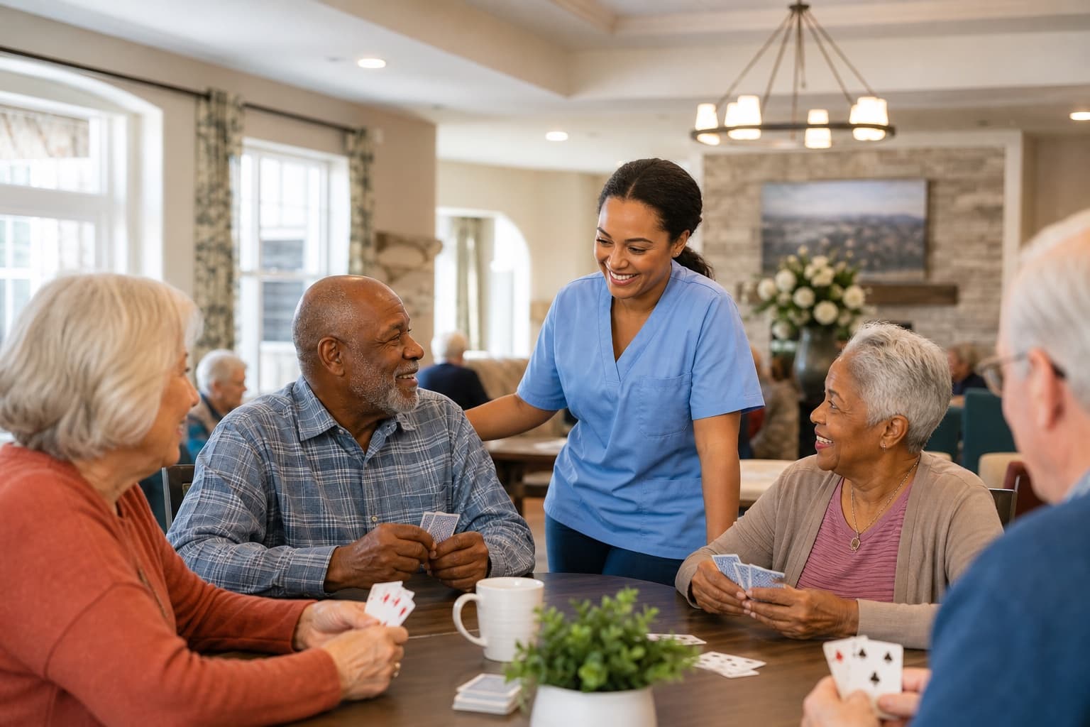 Older adults enjoying a social activity with staff support in an assisted living community