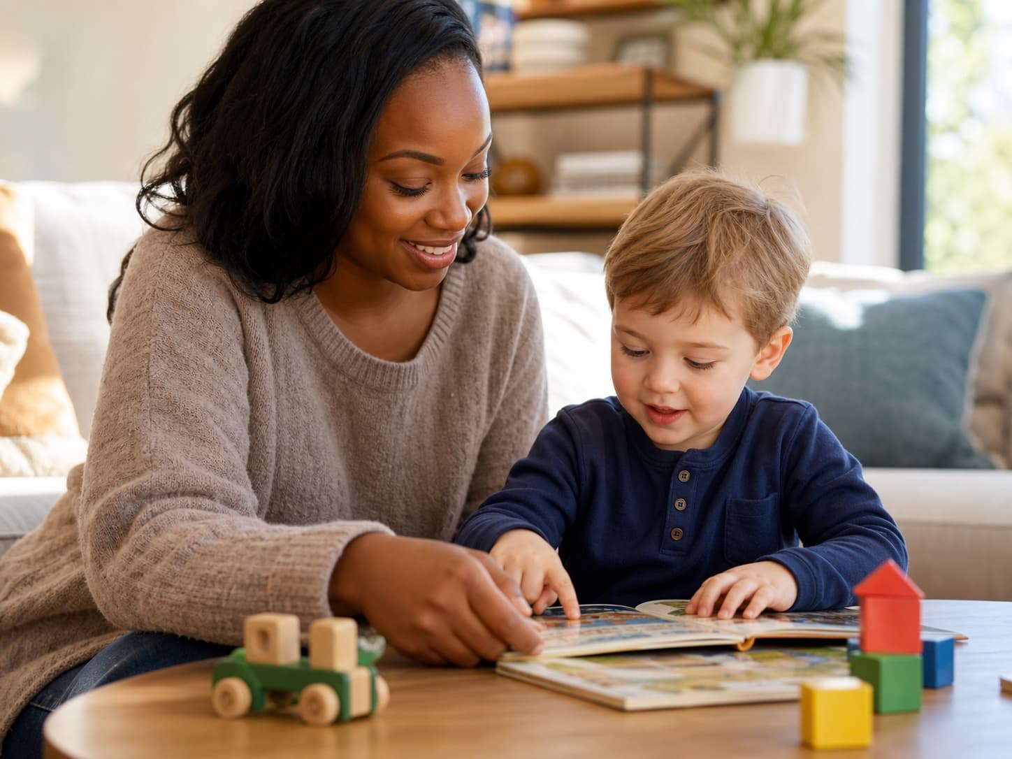 Caregiver helping a young child with a quiet activity at home