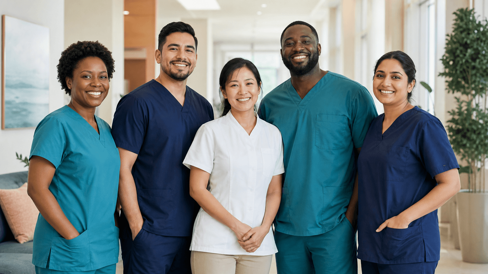 Diverse caregiving team smiling in a bright care setting