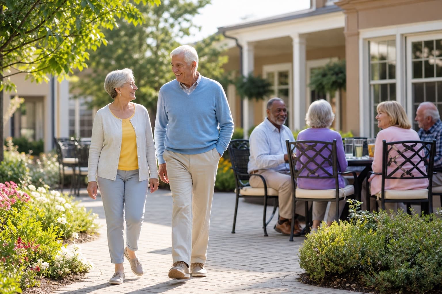 Active older adults socializing and walking in a bright independent living community courtyard
