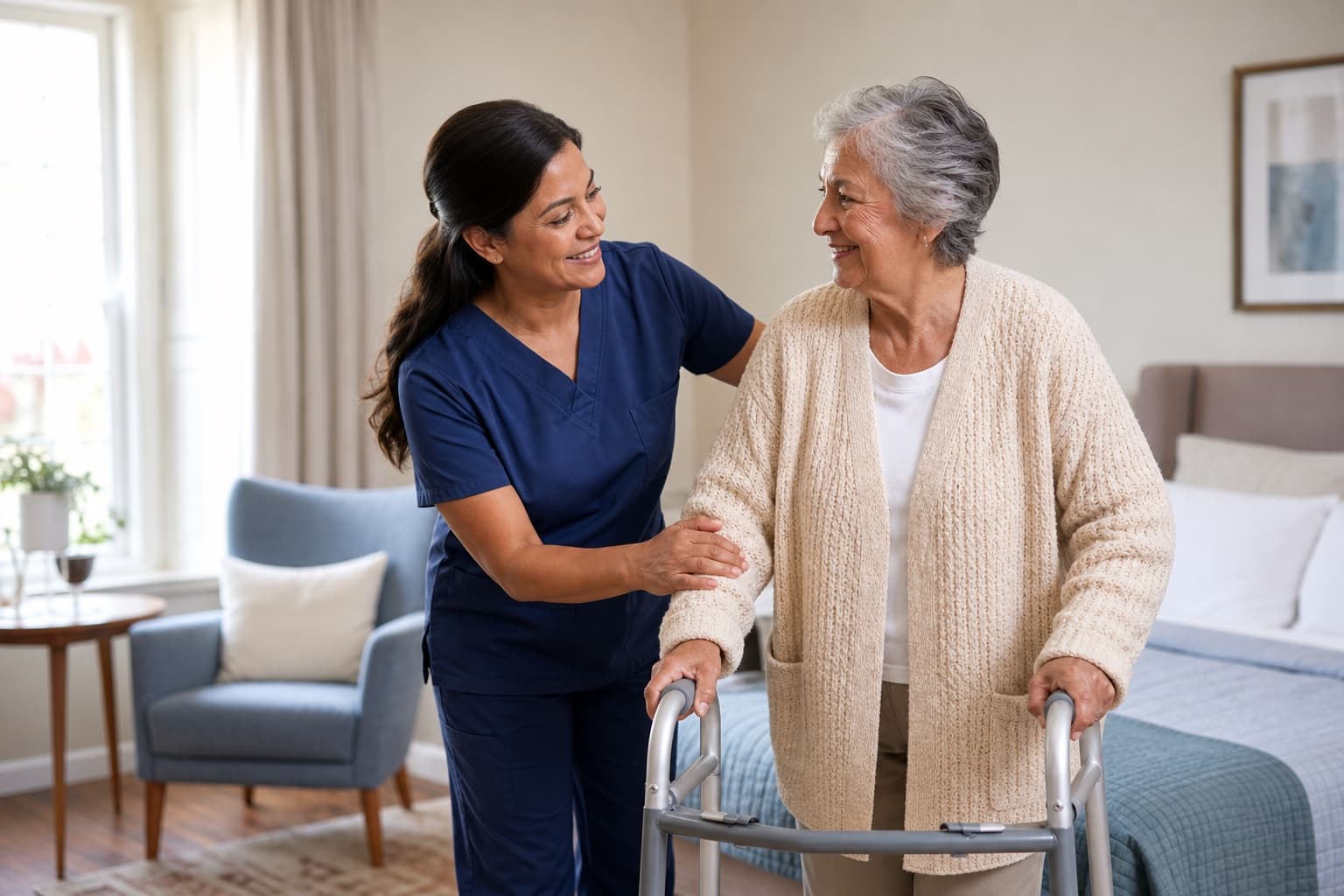 Nurse supporting an older resident with a walker in a clean residential care room