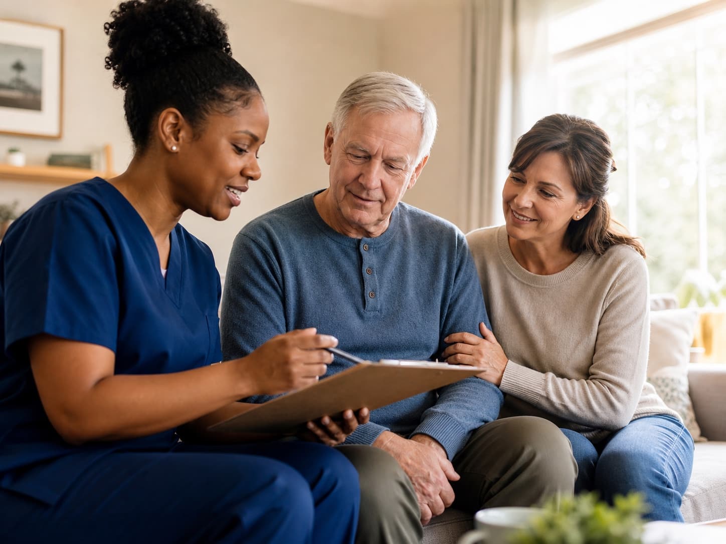 Care professional reviewing recovery notes with a family at home