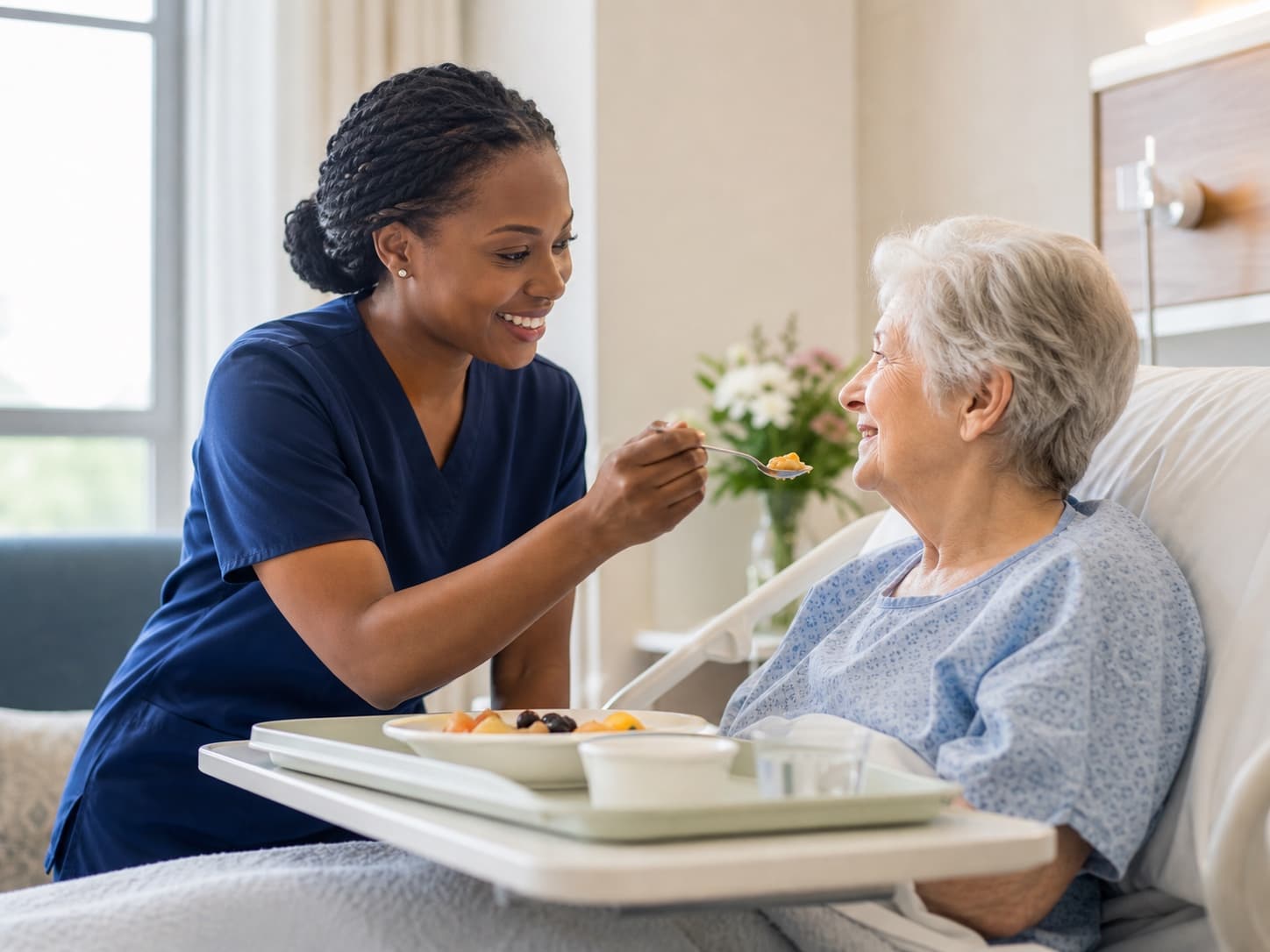 Black caregiver in care attire helping feed an older White woman in a hospital bed